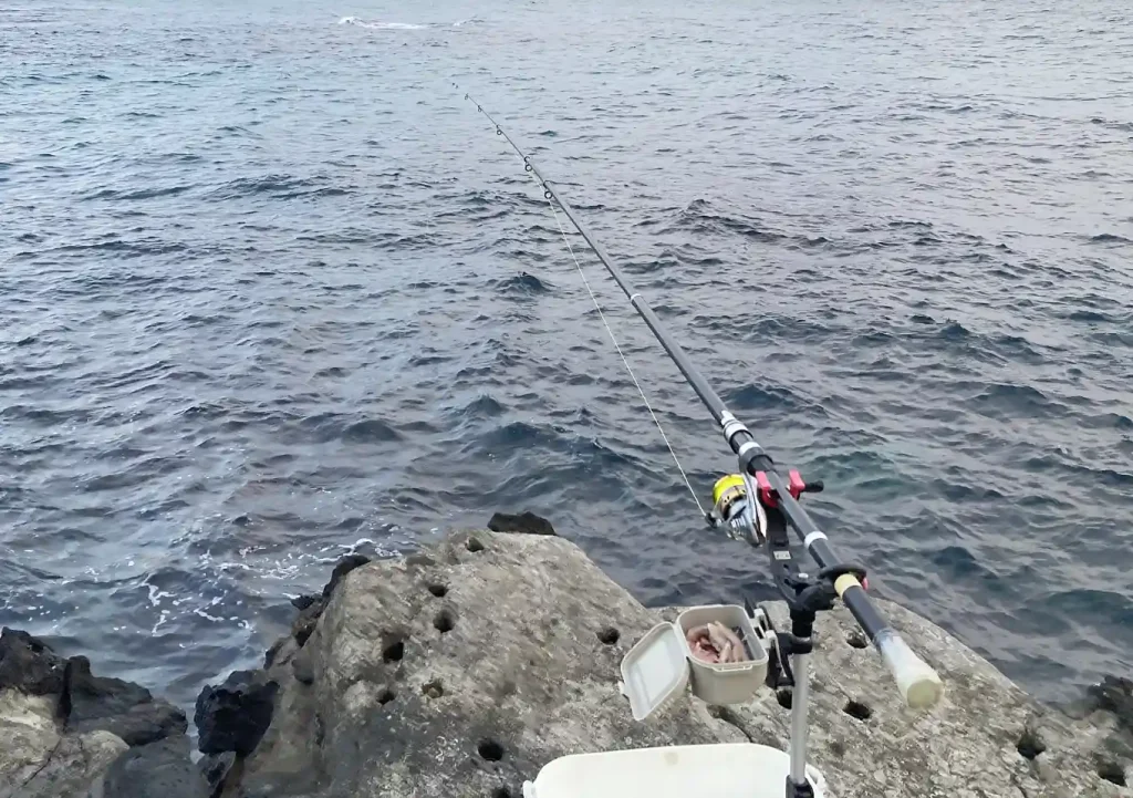 外房磯釣り（カゴ釣り）道具／餌と仕掛け／竿受けと水汲みバケツ／勝浦・鴨川釣果