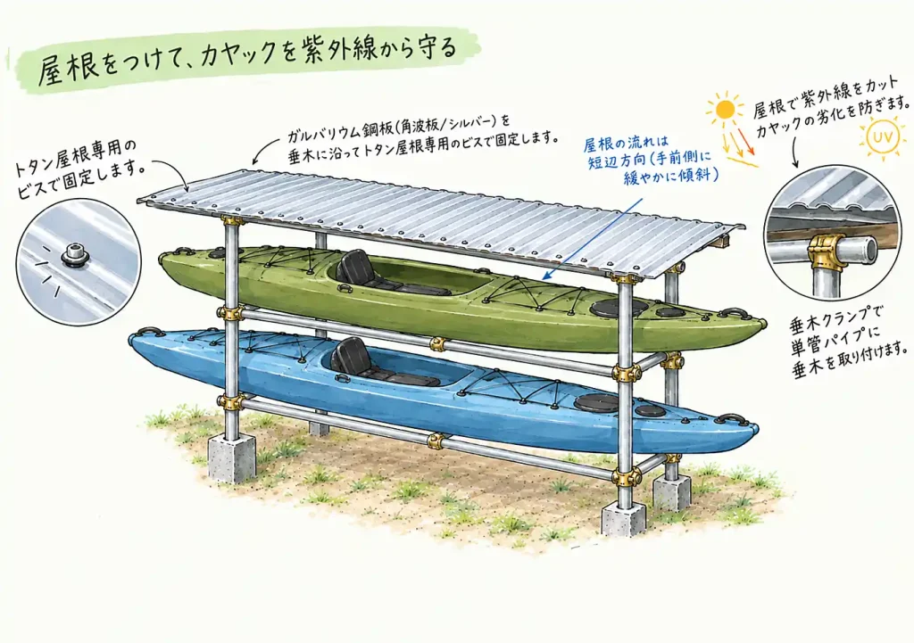 カヤック置き場イメージ図(2段)/プロフィッシュ2台目/単管パイプで作る(屋根の付け方)ガルバリウム